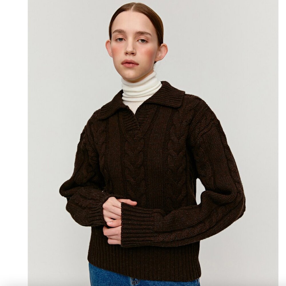 NWT Mohan Brown Collar V-Neck Wool Blend Cable Knit Sweater Size M